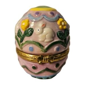 Charming Vintage Decorative Egg with Bunnies and Flowers Trinket Box